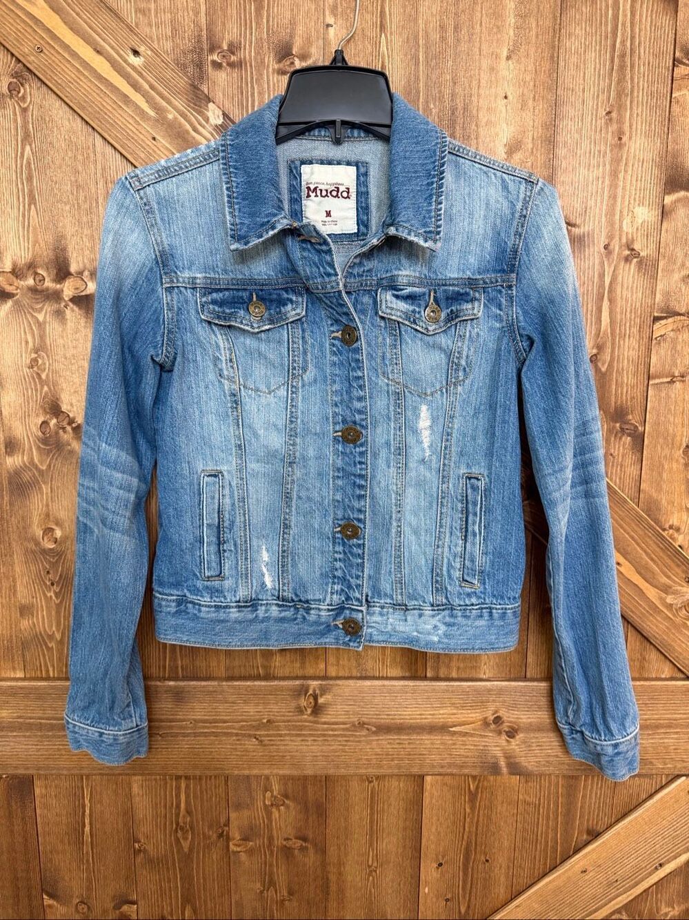 Mudd Distressed Denim Jacket Light Wash Button Front 100% Cotton Size Medium (94